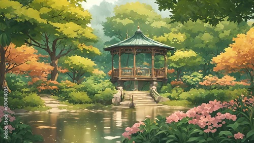 secluded garden gazebo hidden towering trees, with gentle sounds babbling brook soft rain creating natural lofi ambience. stream overlay animation photo