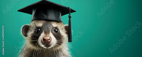 A curious ferret in a graduation cap embodies the playful spirit of learning and discovery.
 photo