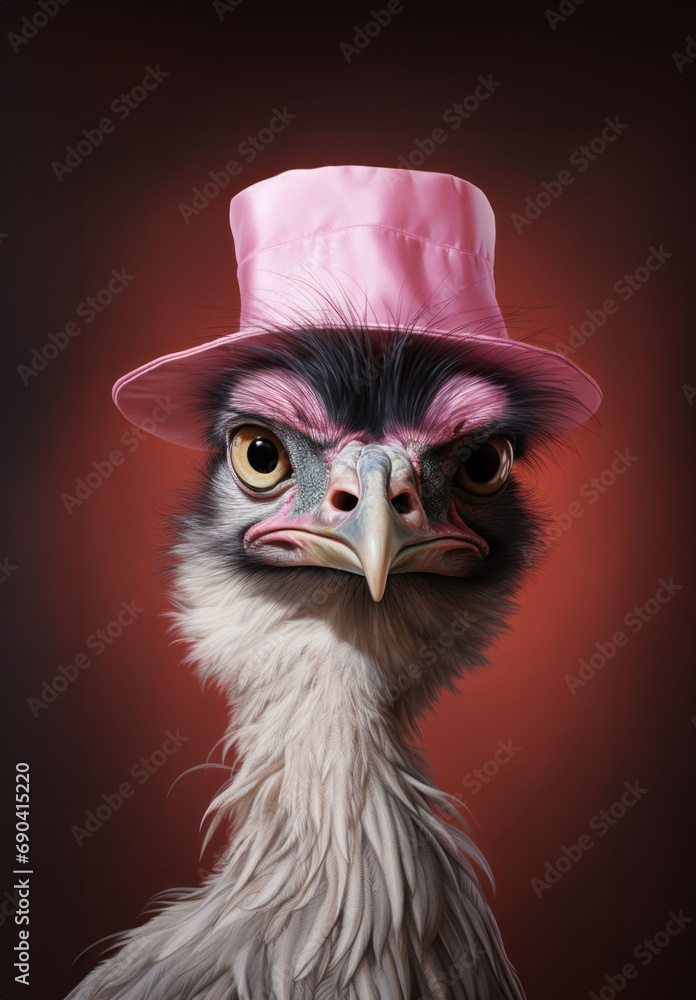 A poised ostrich wearing a pink top hat offers a playful and stylish portrait against a dark backdrop.
