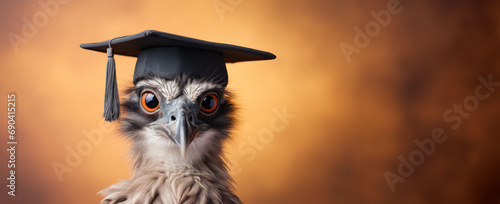 An ostrich with a graduation cap looks on with an inquisitive expression, set against a warm, blurred background. 