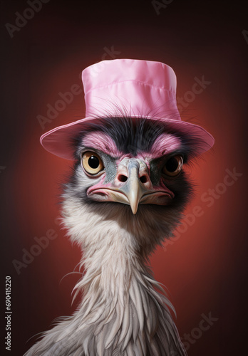 A poised ostrich wearing a pink top hat offers a playful and stylish portrait against a dark backdrop. 