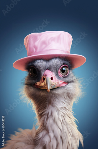 Portrait of a whimsical ostrich wearing a stylish pink hat against a blue background, a humorous and vibrant image.
