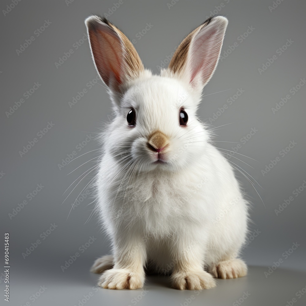 Cute white rabbit isolated. White hare close-up. Easter bunny. Veterinarian consultation. Rodent specialist. Smart pet furry rodent. Food for rodents. Generative AI.
Cute white rabbit isolated. White hare close-up. Easter bunny. Veterinarian consultation. Rodent specialist. Smart pet furry rodent. Food for rodents. Generative AI.