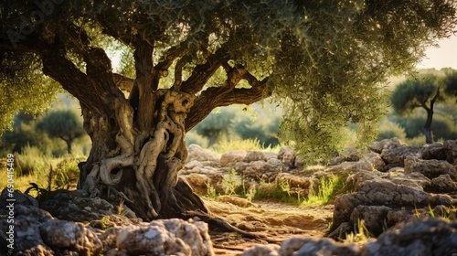 The olive garden in the mediterranean is home to an ancient olive tree that is over 100 years old. photo