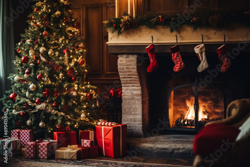 Cozy Christmas setting with a decorated tree, gifts, stockings by the fireplace, and a warm fire burning.