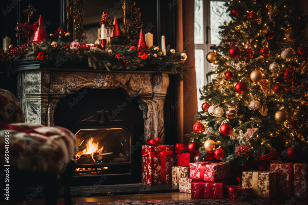 Traditional Christmas scene with a richly decorated tree, wrapped presents, and a lit fireplace in a cozy room.