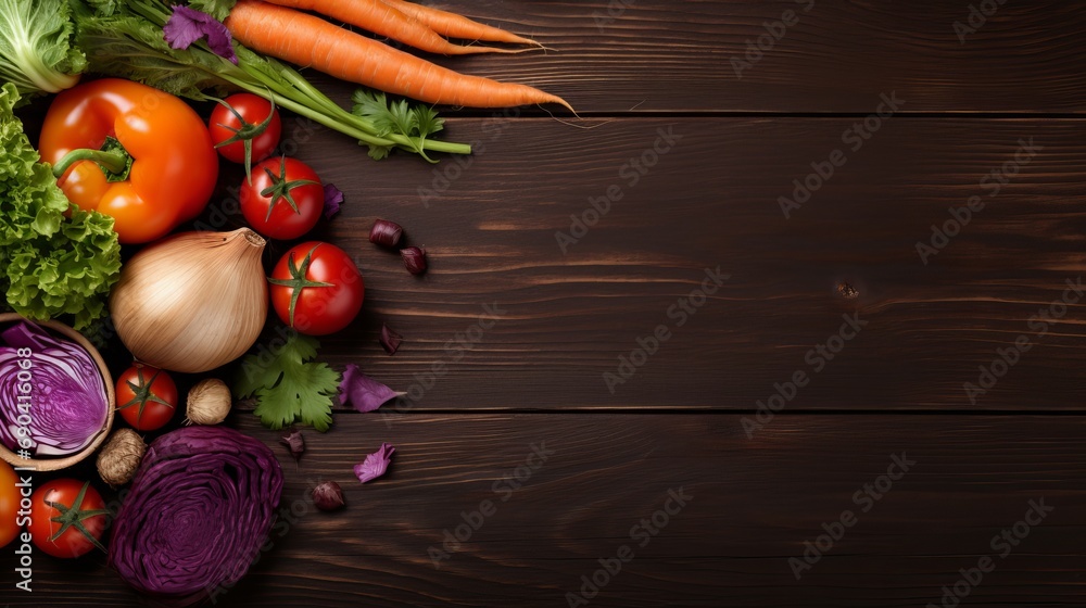 A picture depicting a healthy salad consisting of red cabbage, parsley, roma tomatoes, carrots, potatoes, and onions on a wooden table with copy space on top. A picture depicting a healthy salad consisting of red cabbage, parsley, roma tomatoes, carrots, potatoes, and onions on a wooden table with copy space on top.