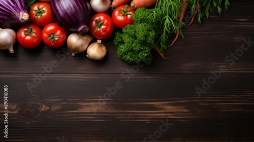A picture depicting a healthy salad consisting of red cabbage, parsley, roma tomatoes, carrots, potatoes, and onions on a wooden table with copy space on top.