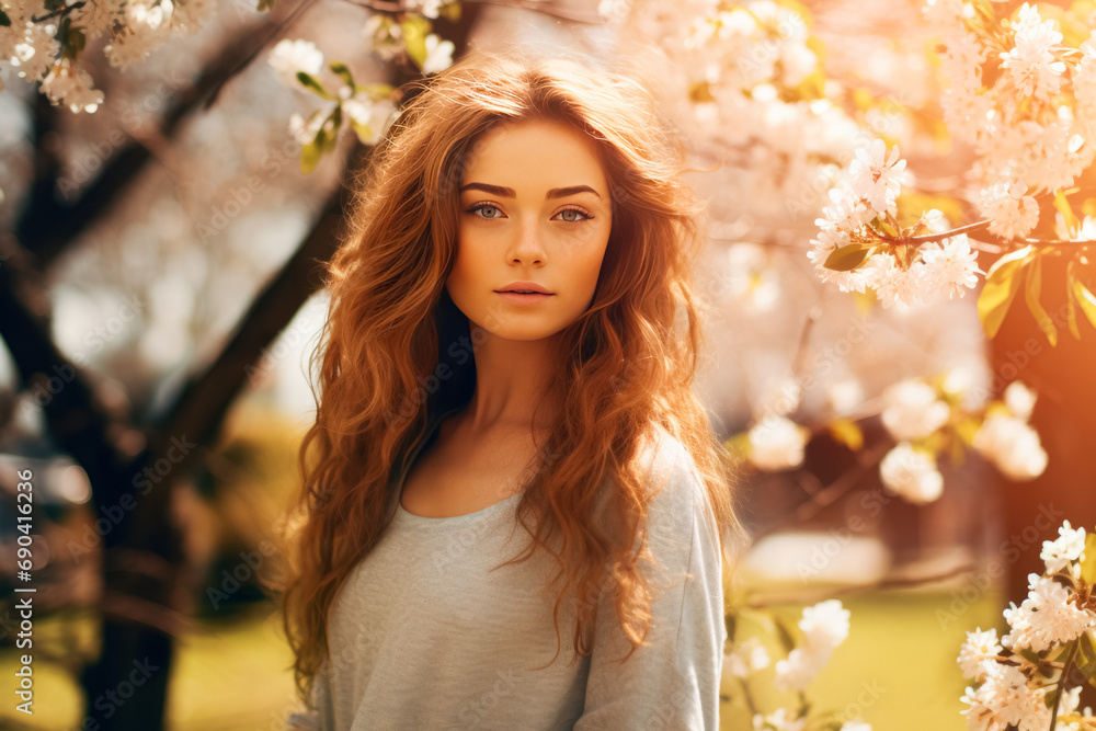 young woman with wavy hair surrounded by cherry blossoms. young woman with wavy hair surrounded by cherry blossoms.