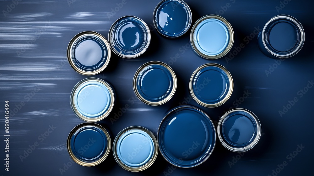The arrangement of blue paint cans with a top view. The arrangement of blue paint cans with a top view.