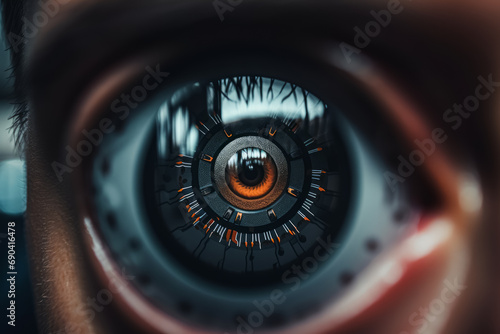 Extreme close-up of a human eye with mechanical details, suggesting a cyborg or futuristic concept. photo