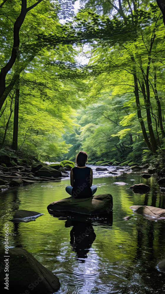Mindful Moment in a Tranquil Forest Setting with a Person Meditating Near a Stream