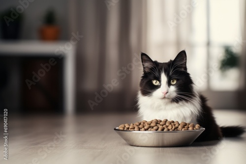 black and white cat with bowl of food