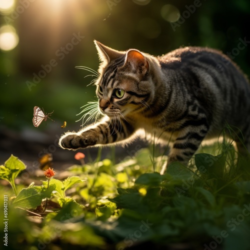 playful cute kitten chasing a butterfly. 