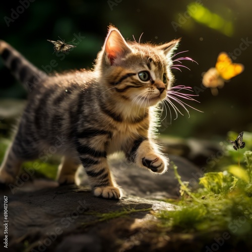 playful cute kitten chasing a butterfly. 