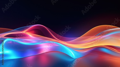 3D rendering, abstract background with multicolored spectrum. Bright neon lights and glowing sea wave lines and flowing cable connections.