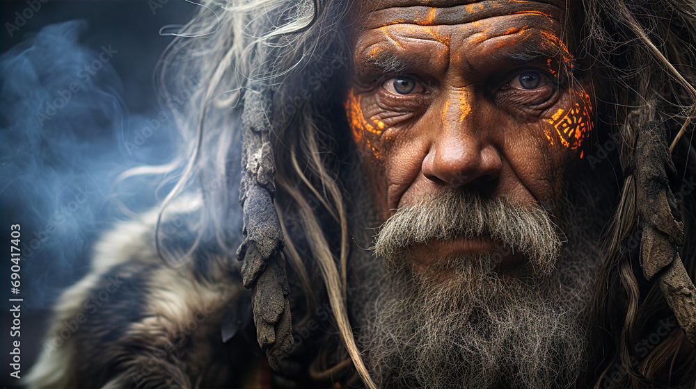 Portrait of old tribe man with wise eyes, head decoration and traditional face painting Portrait of old tribe man with wise eyes, head decoration and traditional face painting