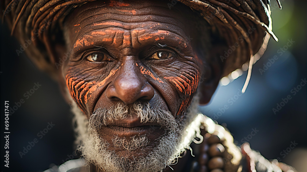 Portrait of old tribe man with wise eyes, head decoration and traditional face painting Portrait of old tribe man with wise eyes, head decoration and traditional face painting