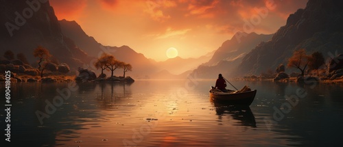 Serene boating at sunset in a mountainous landscape, tranquil waters, reflective solitude, golden hour beauty.