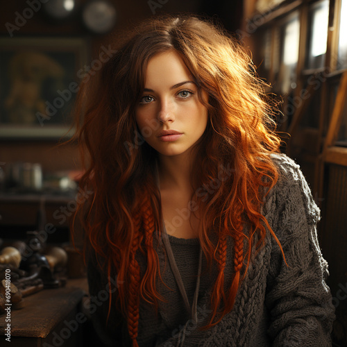 portrait of a beautiful red-haired woman in a sweater in a wooden interior.