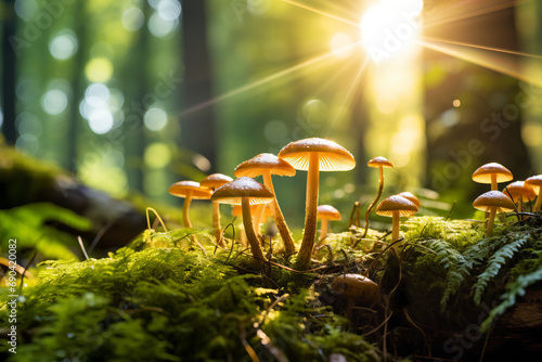 Fairytale hallucinogenic mushrooms growing in green moss in sunny magical forest.
