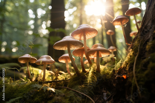 Fairytale hallucinogenic mushrooms growing in green moss in sunny magical forest.