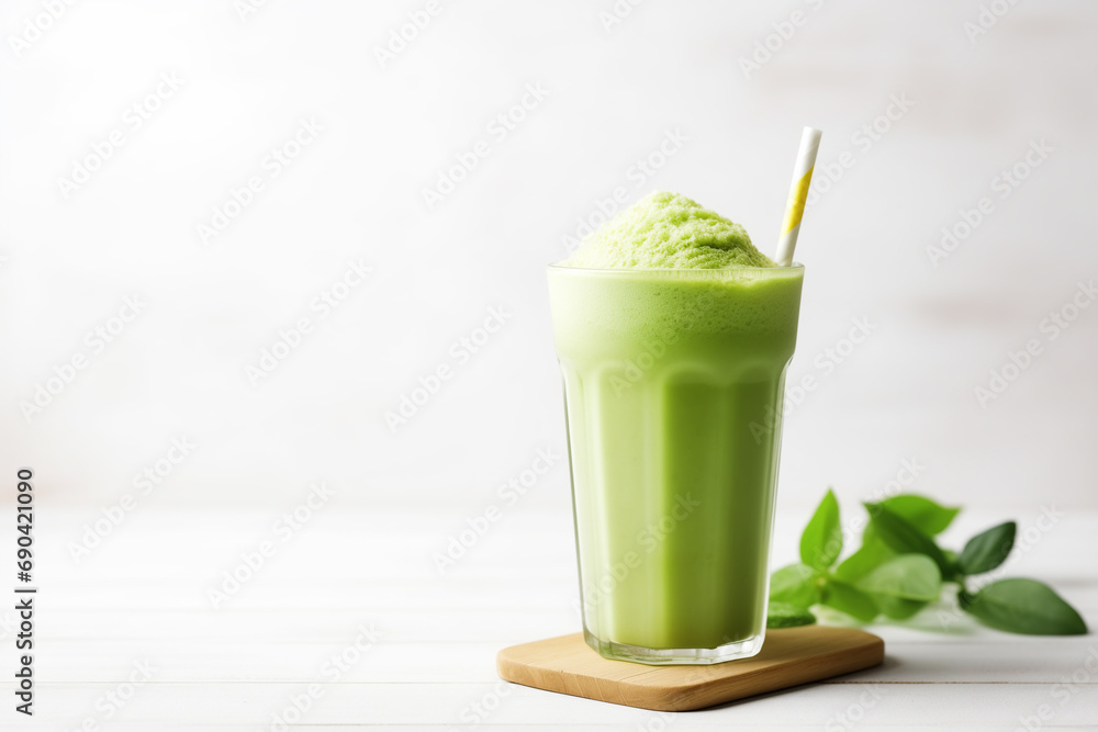 Green matcha latte with pistachios and matcha powder in the glass on white background, copy space