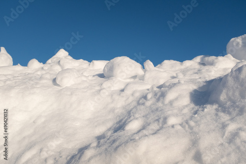 Snow landscape with blue sky for publication, poster, calendar, post, screensaver, wallpaper, cover. Sunny winter background. High quality photo
