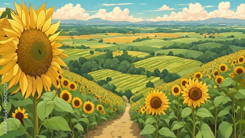 From hill Mindset Meadow, have sweeping view whole area. center, vast field blooming sunflowers stands tall proud, symbolizing potential growth learning. Surrounding 2d animation photo