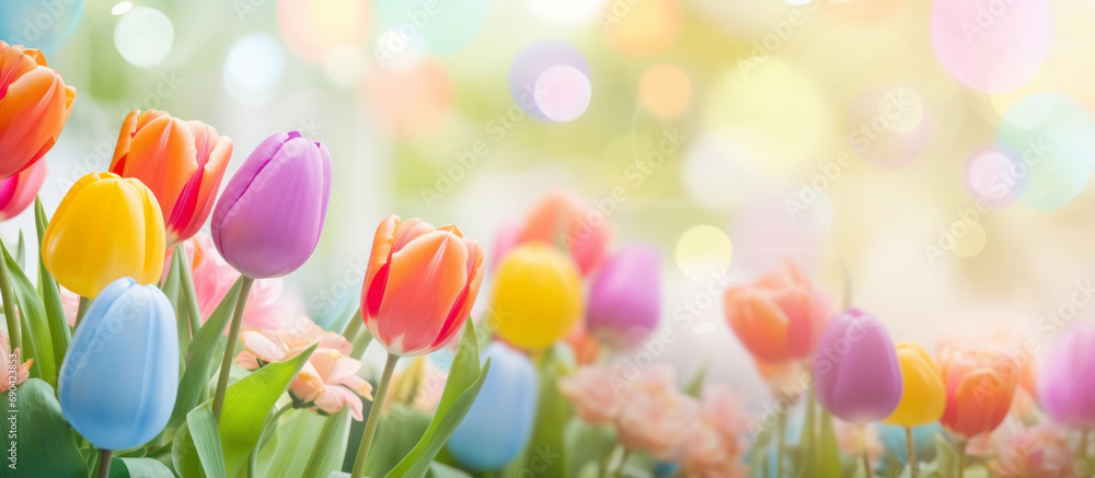 Colorful flowers bloom in the soothing soft light of spring love. Background concept for Easter or happy holiday or anniversary celebration message card or invitation. Colorful flowers bloom in the soothing soft light of spring love. Background concept for Easter or happy holiday or anniversary celebration message card or invitation.