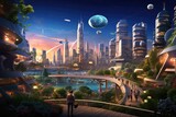 Futuristic city with skyscrapers and flying vehicles