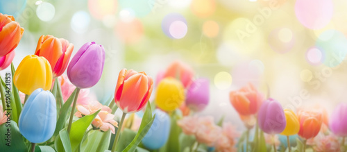 Colorful flowers bloom in the soothing soft light of spring love. Background concept for Easter or happy holiday or anniversary celebration message card or invitation. © omune