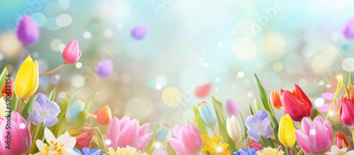 Colorful flowers bloom in the soothing soft light of spring love. Background concept for Easter or happy holiday or anniversary celebration message card or invitation.