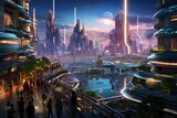 Sunset in a futuristic city with pedestrian bridges and bright lights