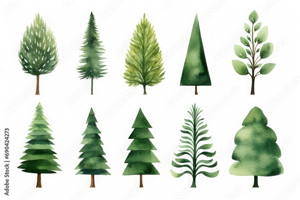 Obraz premium watercolor set of christmas trees on white background