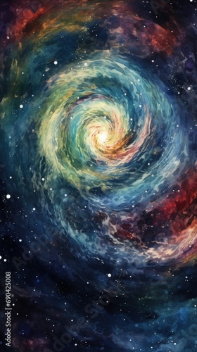 Vibrant galaxy spiral, cosmic watercolor painting, celestial bodies, astral art, universe depiction in vivid colors.