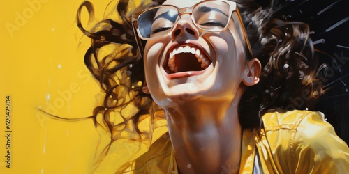 girl with glasses laughing, in the style of realistic oil painting, yellow and gold, generative AI © VALUEINVESTOR
