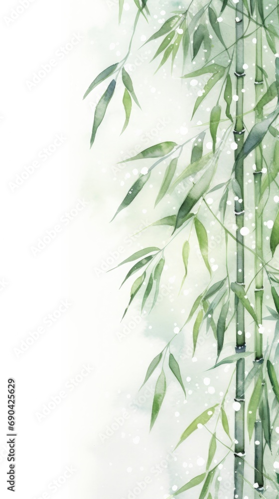 Fototapeta premium Delicate bamboo stalks with green leaves, soft winter backdrop, Asian watercolor, peaceful natural scene.