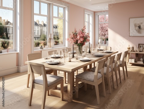 Bright and Spacious Dining Room with Natural Light and Pink Accents © DigitalMuse