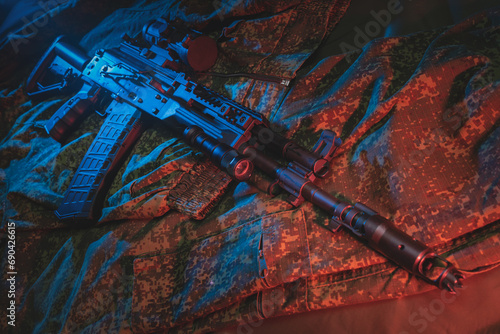 Modern rusdian military assault rifle ak12 with prismatic scope close-up.