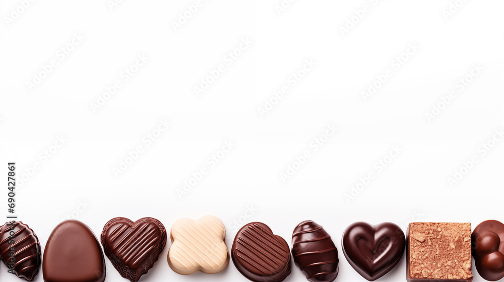 Fototapeta premium Various delicious chocolates isolated on white background with copy space. Generative AI