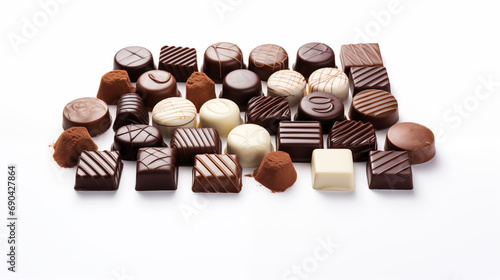Various delicious chocolates isolated on white background with copy space. Generative AI