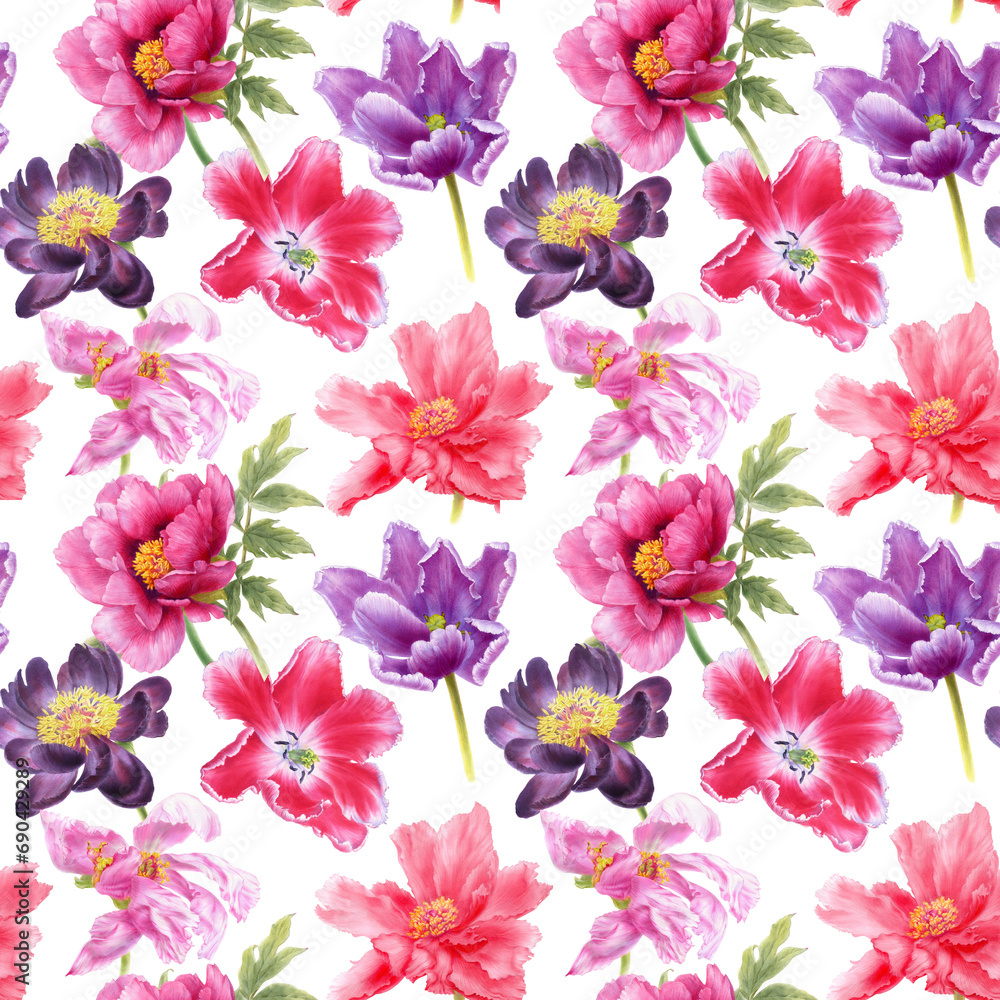 Watercolor illustration of seamless pattern with peony and tulip flowers.