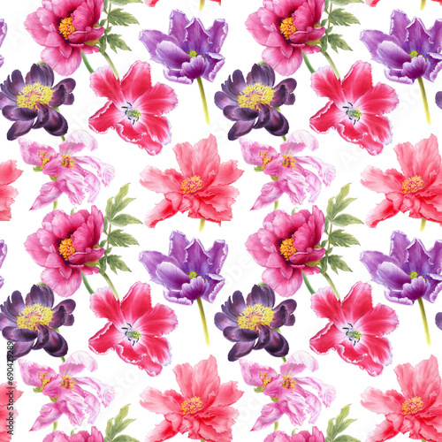 Watercolor illustration of seamless pattern with peony and tulip flowers.