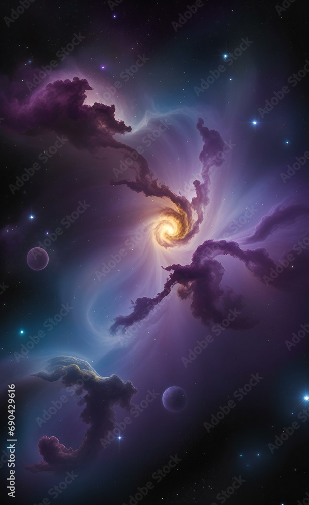 purple and blue galaxy with a spiral galaxy in the background.