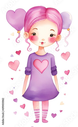 cartoon girl with pink hair and heart balloons. © Kreingkrai