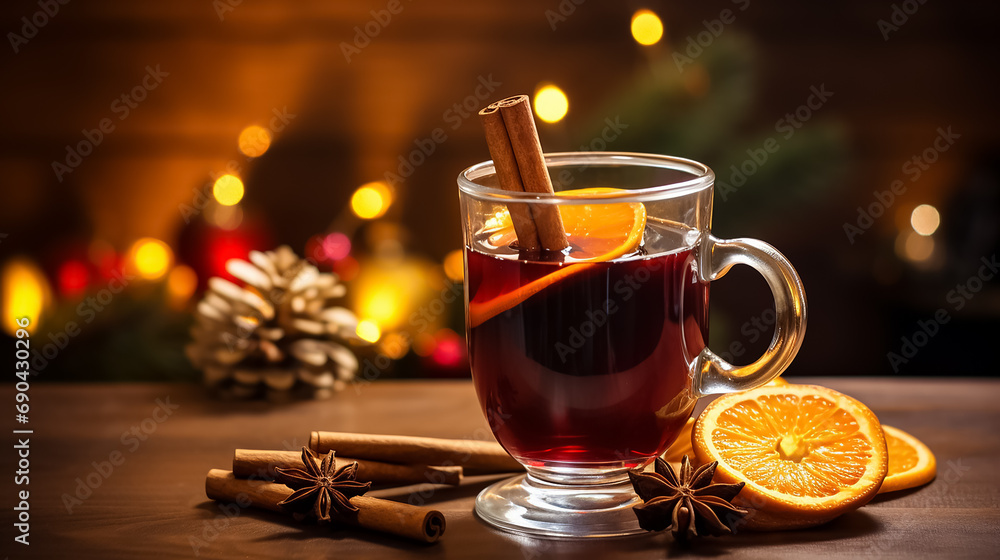 A Christmas glass of mulled wine decorated with a cinnamon stick and star anise on the background of a burning fireplace. Cozy evening mood of a country house. A Christmas glass of mulled wine decorated with a cinnamon stick and star anise on the background of a burning fireplace. Cozy evening mood of a country house.