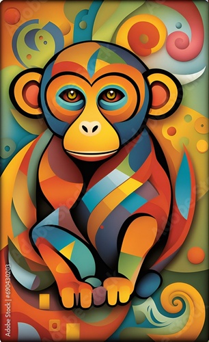 brightly colored monkey with glasses sitting on colorful swirly background.