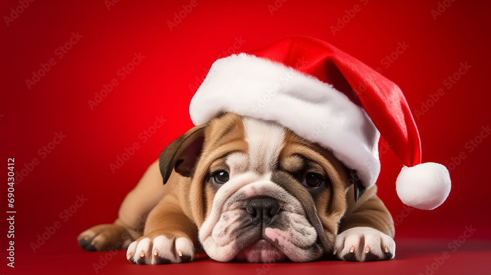 Cute happy pug dog wearing santa hat on red isolated background.
