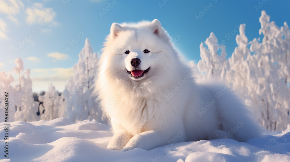 Beautiful cute white Samoyed dog in a snowy winter forest.